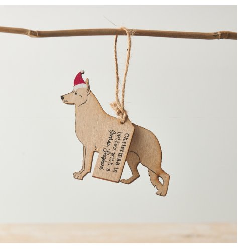 Great for a German Shepherd fan! A hanging wooden decoration detailing a German Shepherd, wearing a cute Christmas hat