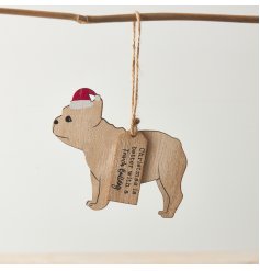 A silhouette hanger of a French Bulldog wearing a Christmas hat.