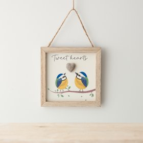 A stylish and sweet sign with blue tit illustrations, "tweet hearts" message and stone heart embellishment. 