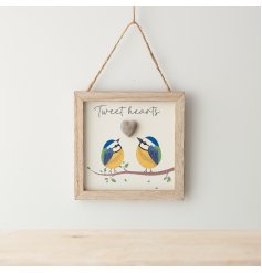 A super cute box framed wooden sign with "tweet hearts" text alongside an adorable illustration of blue tits. 