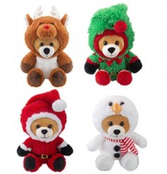 An assortment of 4 teddy bears each wearing a different festive onesie design, including reindeer, snowman and Santa.