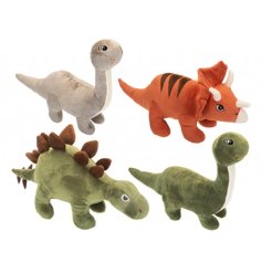 An assortment of dinosaur soft toys including triceratops, stegosaurus, and diplodocus designs.