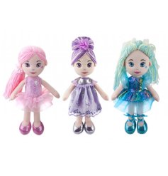 3 Assorted Fashion Girls dolls each with a colourful design with metallic details, embroidered features and woollen hair