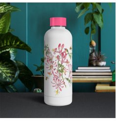 A metal drinks bottle with a beautiful illustration of a honeysuckle plant