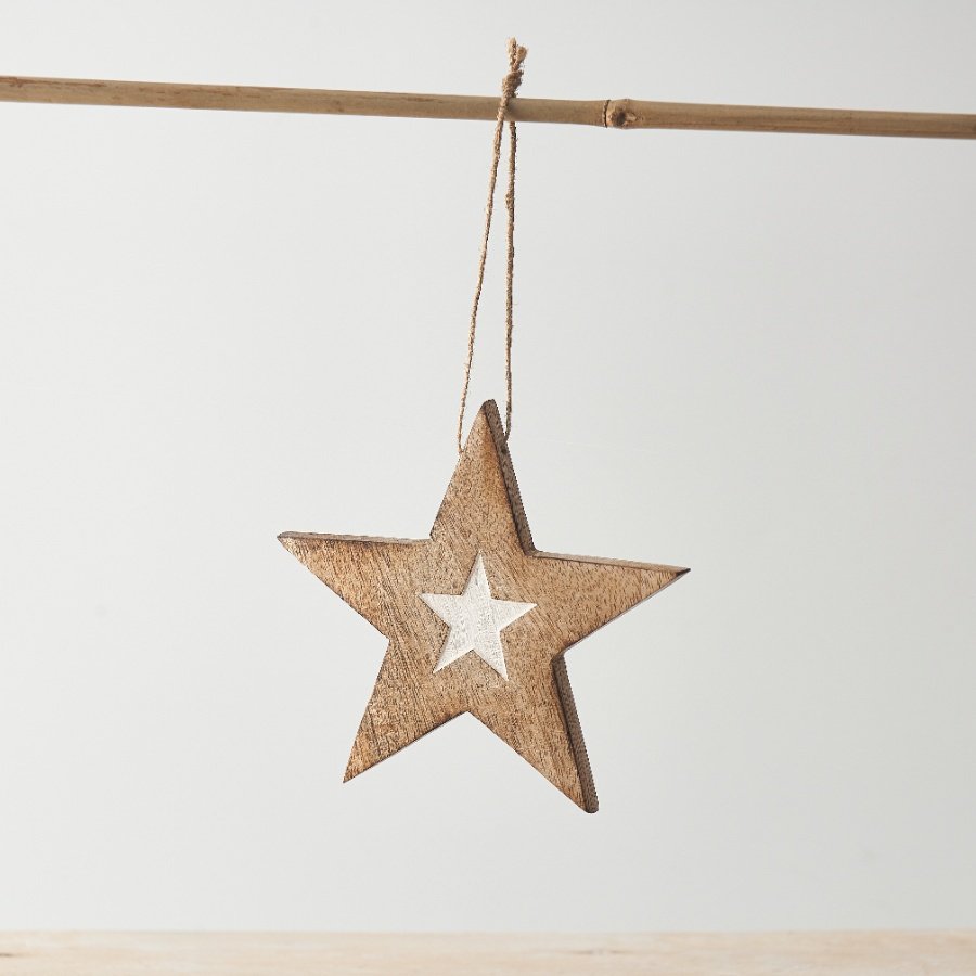 A cute hanging star decoration with contrasting whitewash star design detail, finished with twine hanger. 