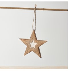 A simple yet stylish star decoration with contrasting whitewashed star detail, finished with a twine hanger. 