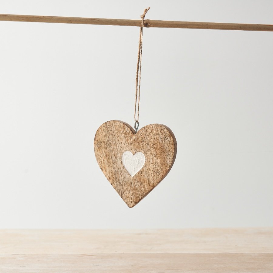 A sweet heart hanging decoration with contrasting smaller whitewashed heart detail and twine hanger. 