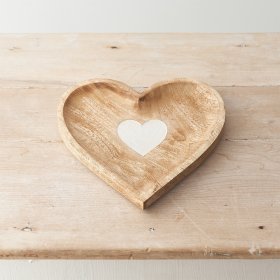 Add some rustic charm to the home with this unique wooden heart shaped dish with a white washed heart feature.