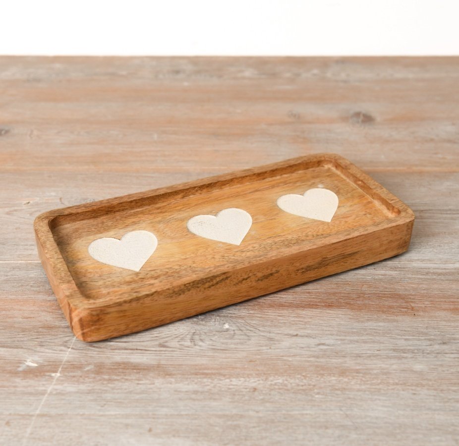Add a rustic touch to the home space with this absolutely beautiful wooden tray featuring 3 cream etched hearts.