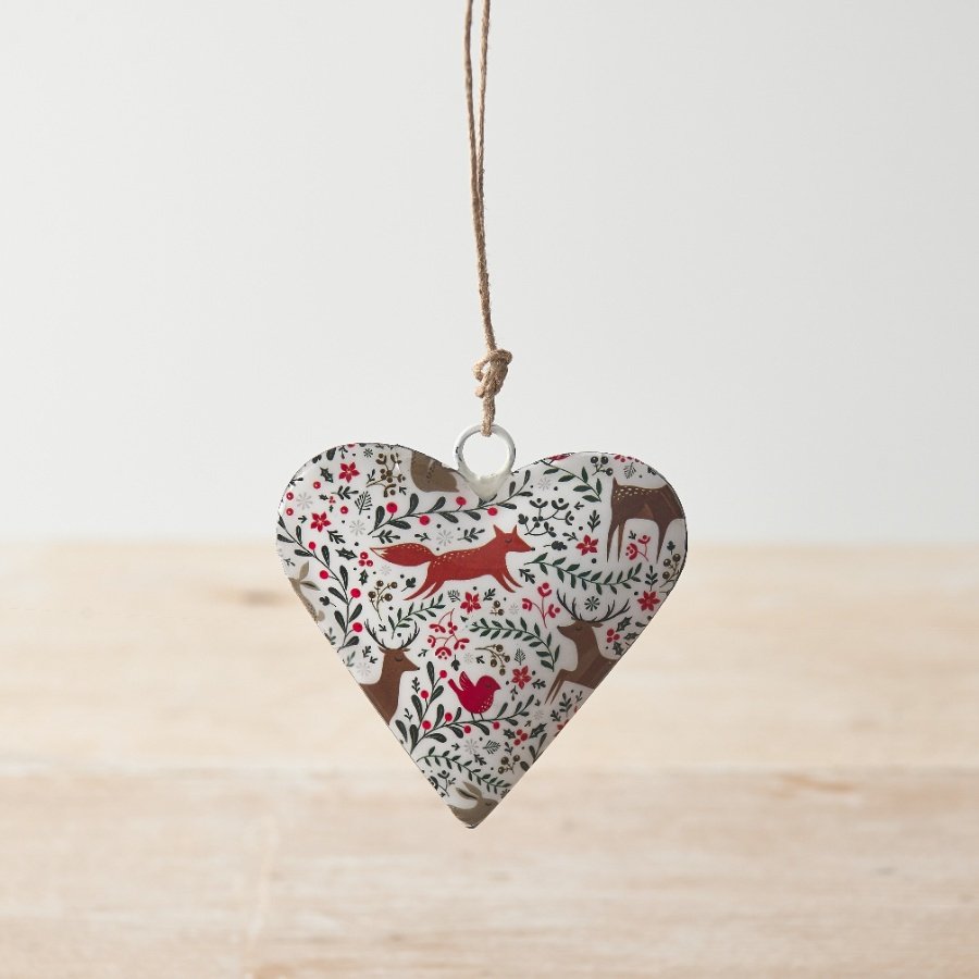 A double sided hanging metal heart with a richly coloured and beautifully designed woodland print