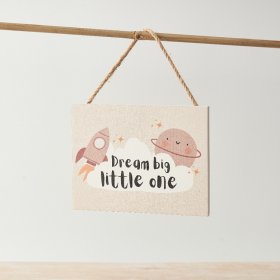 Encourage little ones to dream big with this space themed wooden sign with jute string hanger. 
