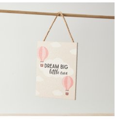 Dream Big Little One. A beautiful sentiment slogan sign with a sweet hot air balloon and heart illustration. 