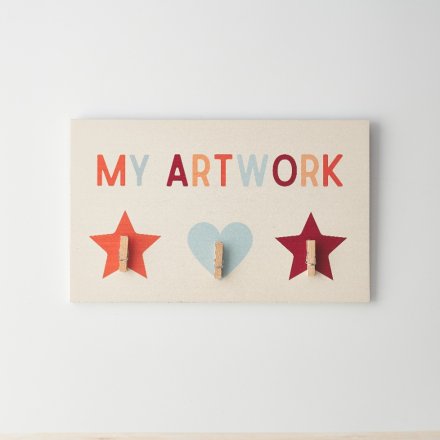 a charming wooden sign displaying 3 coloured painted stars with pegs attached for a child's artwork