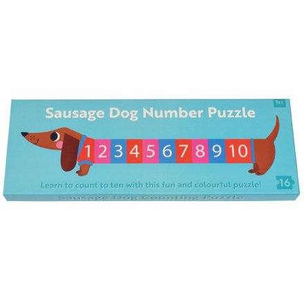 A colourful floor number puzzle in the shape of a sausage dog.