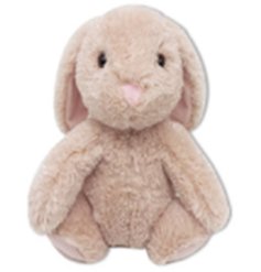 A pink rabbit doorstop in a soft furry material.