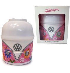 A colourful stacking lunch box in a Volkswagen Camper van style.