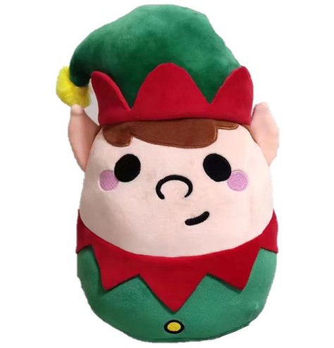 A novelty toy from the Squidglys range, Austin the elf wearing a traditional elf outfit with a hat.