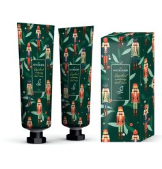 A festive hand cream with a gingerbread fragrance, in a green bottle decorated with nutcrackers.