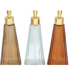 An assortment of 3 glass soap dispensers in gold, amber and blue tones. 