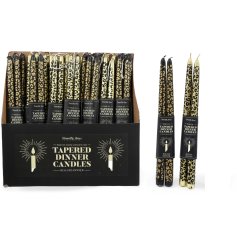 A pack of 2 leopard print taper candles in contrasting black and gold colours.