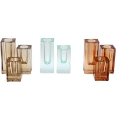 Rectangle glass candle holders in 3 assorted designs. 
