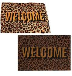 A daring leopard print door mat with the word 'Welcome' displayed in the centre of the design.