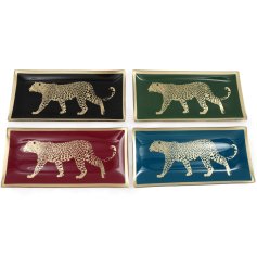 4 assorted trinket dishes with a golden leopard detailed into the design.