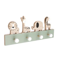 A set of 4 charming zoo animal hooks in a natural wood and sage green.