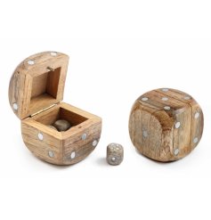 A natural style wooden box in the shape of a dice. 