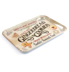 A decorative tray in traditional colours. It details festive slogans and images of different cookie designs.