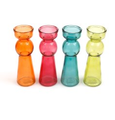 4 assorted glass candle holders, each in a bright colour. These quirky shaped holders bring fun style to the home.