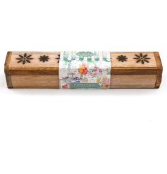 A floral decorated wooden box containing 10 incense sticks in a field of flowers scent. 