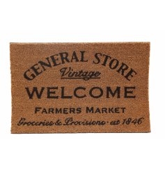 A doormat displaying vintage slogans, in a natural coir material.