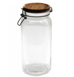 Tall glass storage jar with a natural acacia lid for simple storage.