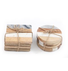 A set of 4 rustic yet contemporary styled coasters in a marble and wood design.