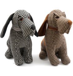 An assortment of 2 dog doorstops in a retro dogtooth design, each wearing a stitched collar.