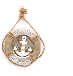 A nautical themed plaque of a lifebelt with a anchor in the centre. 'Welcome on Board' wording on the plaque.