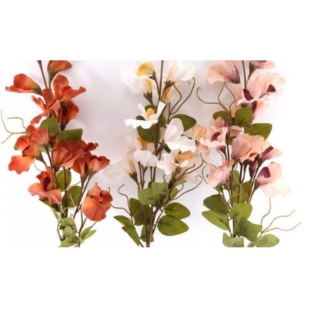 Beautiful three assorted faux Sweet Pea stems in humes of pink, coral and white.