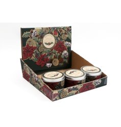 A festive candle with a spiced cinnamon fragrance in a winter berry design tin.