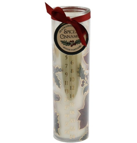A Advent tube candle with a Poinsettia design detailed around the glass, in. spiced cinnamon fragrance. 