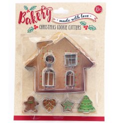 A cute little set of 10  Christmas cookie cutters displayed in festive packaging