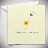 A pastel yellow birthday card featuring a bee flying away from a flower, with Hap-bee birthday typed underneath