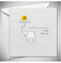 A cute baby shower card in grey featuring a elephant holding a umbrella with its trunk and a single yellow flower