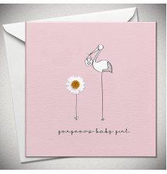 A pink new baby greeting card, with a stork image and a daisy.