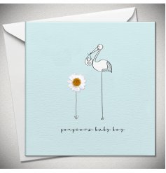 A charming blue new baby greeting card, with a daisy image and a stork.