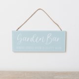 A blue and white sign with 'Garden Bar' wording. Hung by Jute twine.