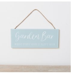A blue and white sign with 'Garden Bar' wording. Hung by Jute twine.