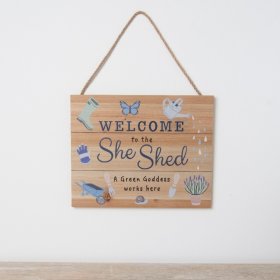 A fun hanging wooden sign, featuring bold wording and colourful garden print decal. 