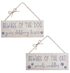 2 assorted signs displaying Beware of the Dog and Beware of the Cat on a wooden sign 