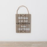 A ''Dads know a lot but Grandads Know Everything'' rustic wooden plaque with star motifs hung from jute twine.